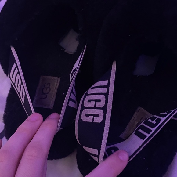UGG Black Fluffy Slides with Logo Strap - Picture 3 of 6